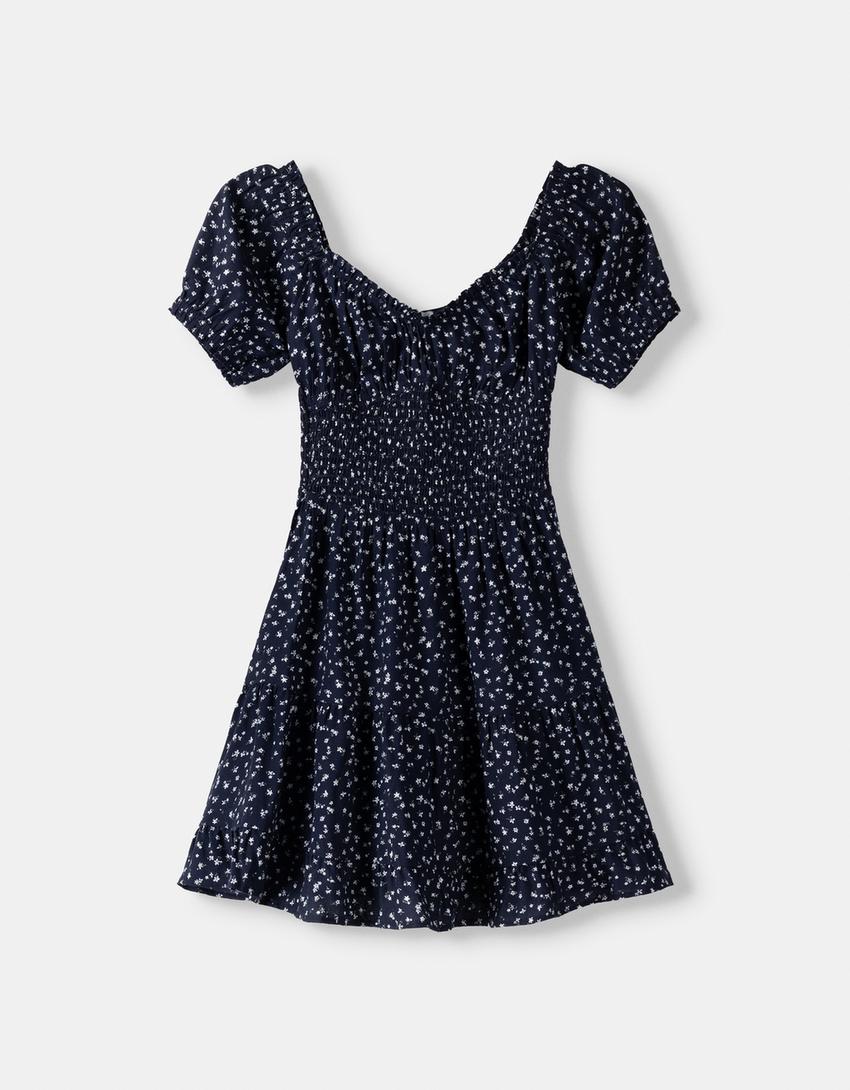 فستان قصير بطبعة زهور وأكمام قصيرة-متعدد الألوان-4