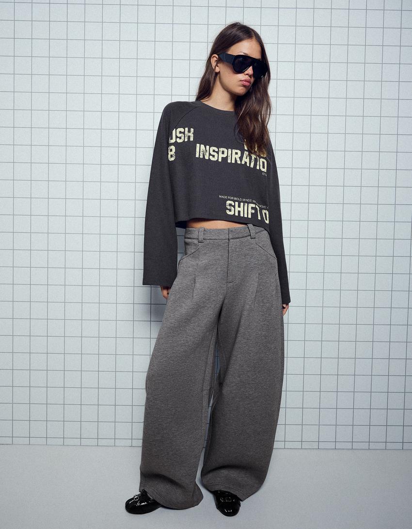 Bisiklet yaka baskılı sweatshirt-Gri