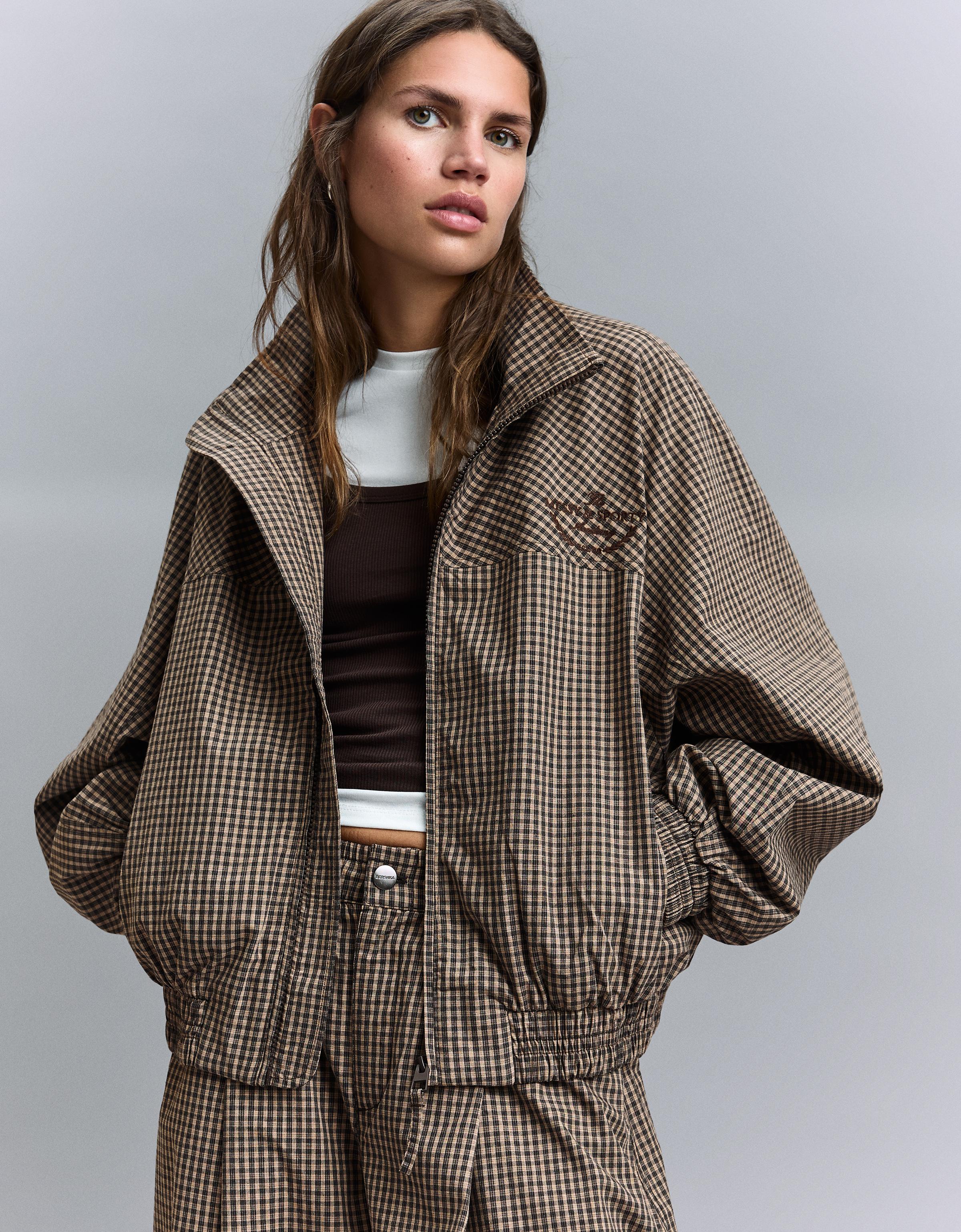 Cazadora Print Cuadros Mujer M Camel