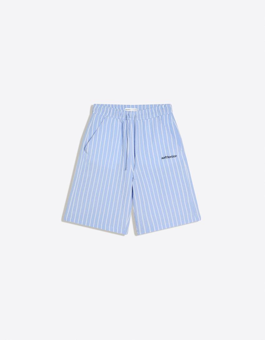 Super baggy striped Bermuda shorts-Light blue