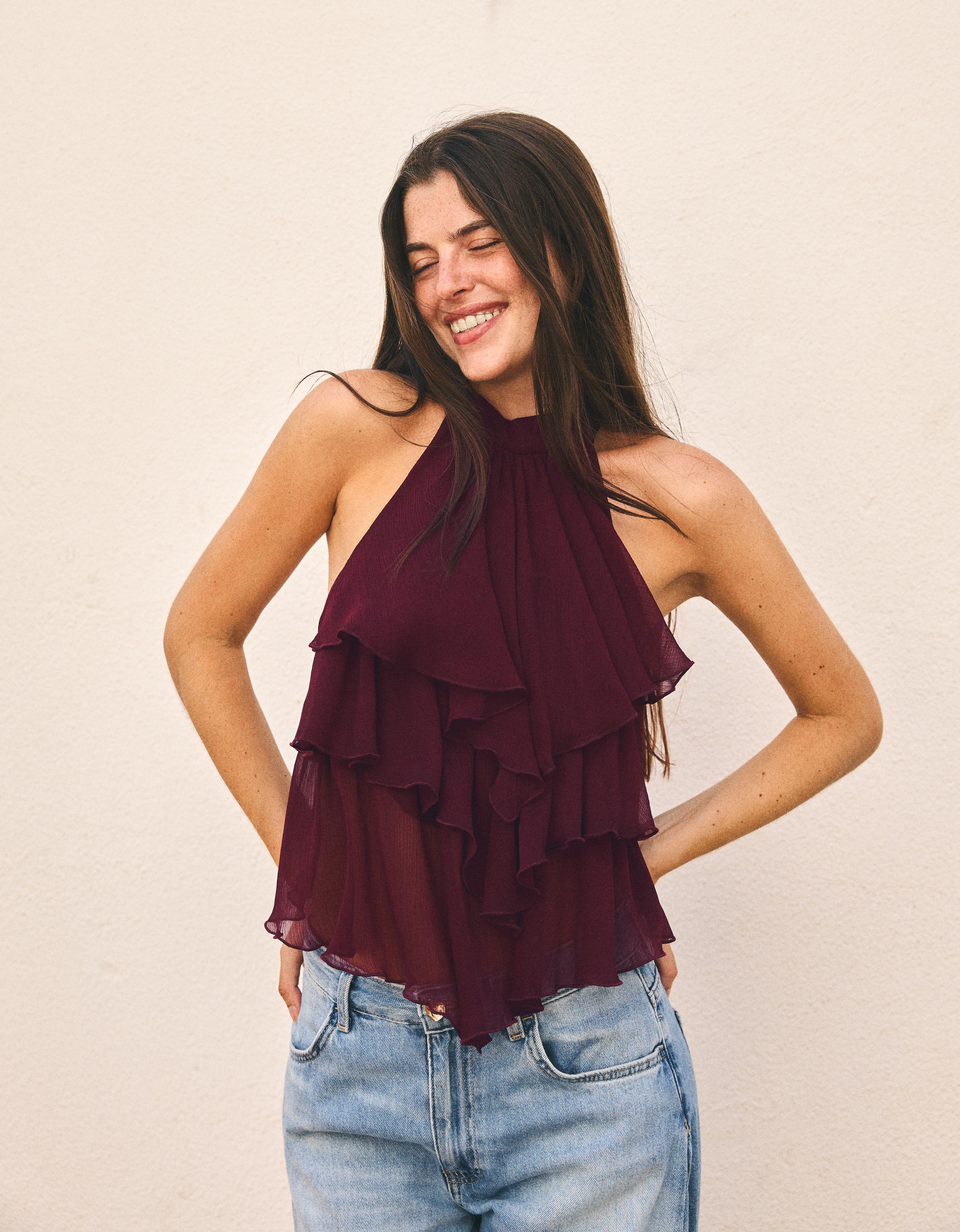 Bershka Top Halter Volantes Mujer L Granate