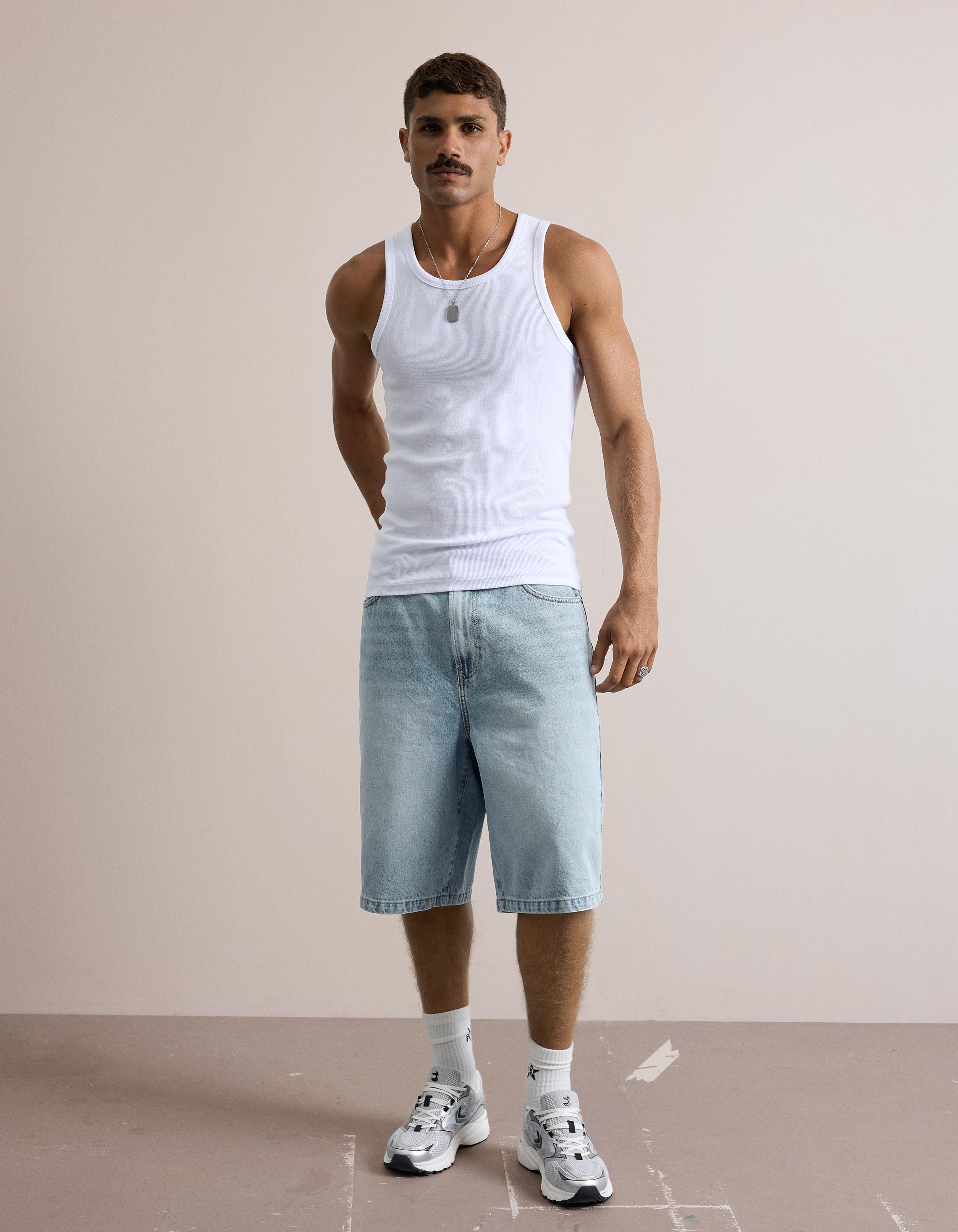 Bershka Bermuda Denim Bordado Hombre Azul Claro