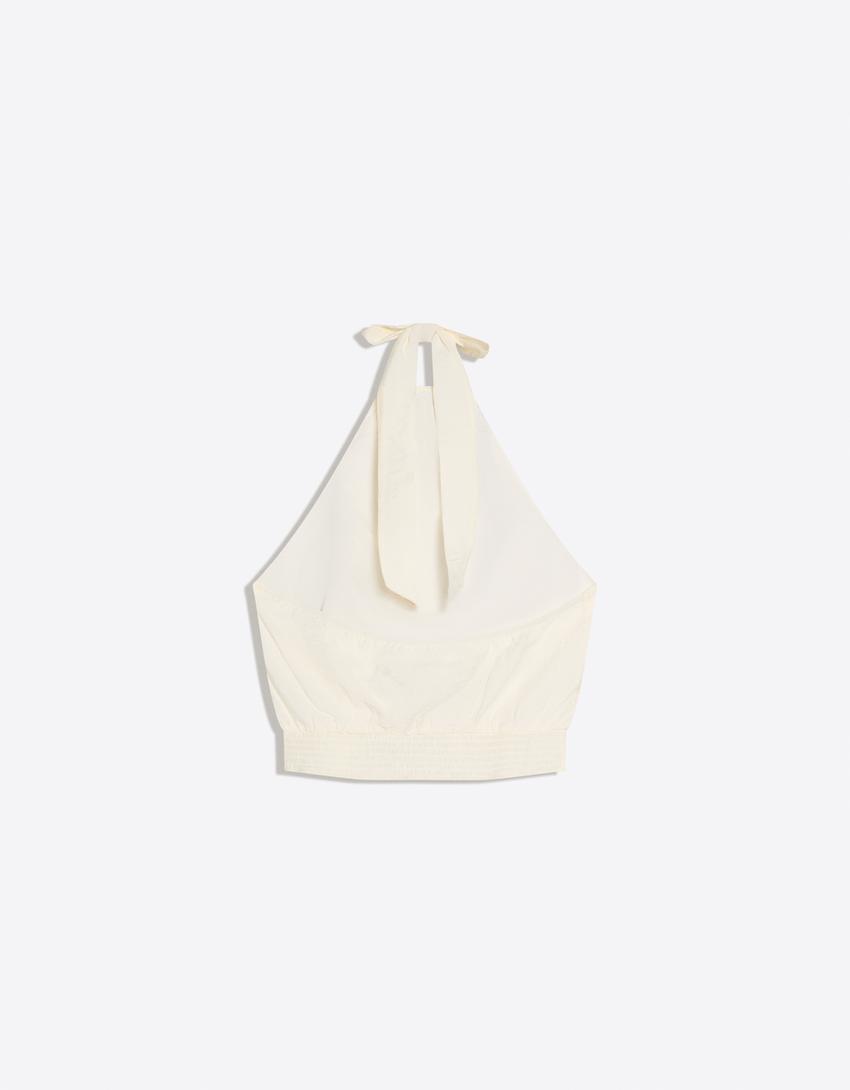 Neckholder-Top mit Tupfen-Rohweiß