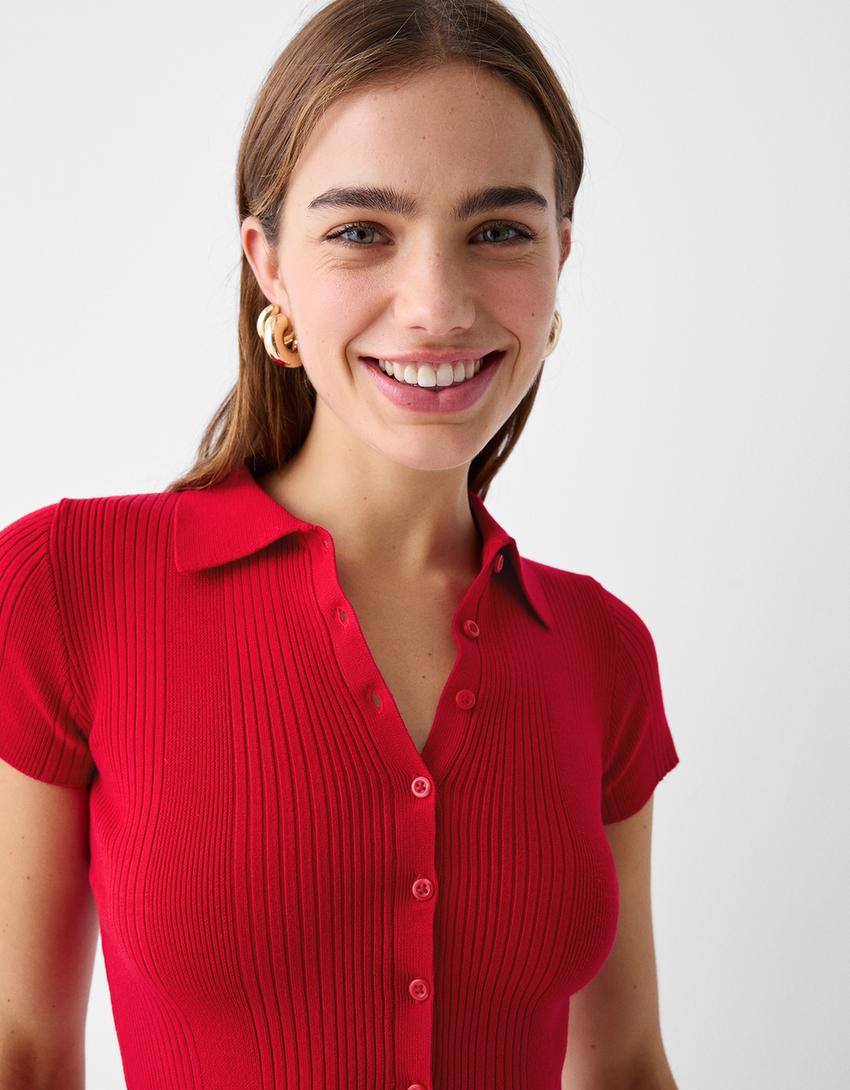 قميص بولو بأكمام قصيرة وأزرار-أحمر-2