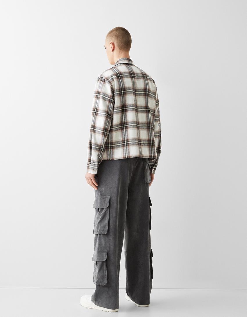 Long sleeve zip-up check overshirt-Burgundy-1