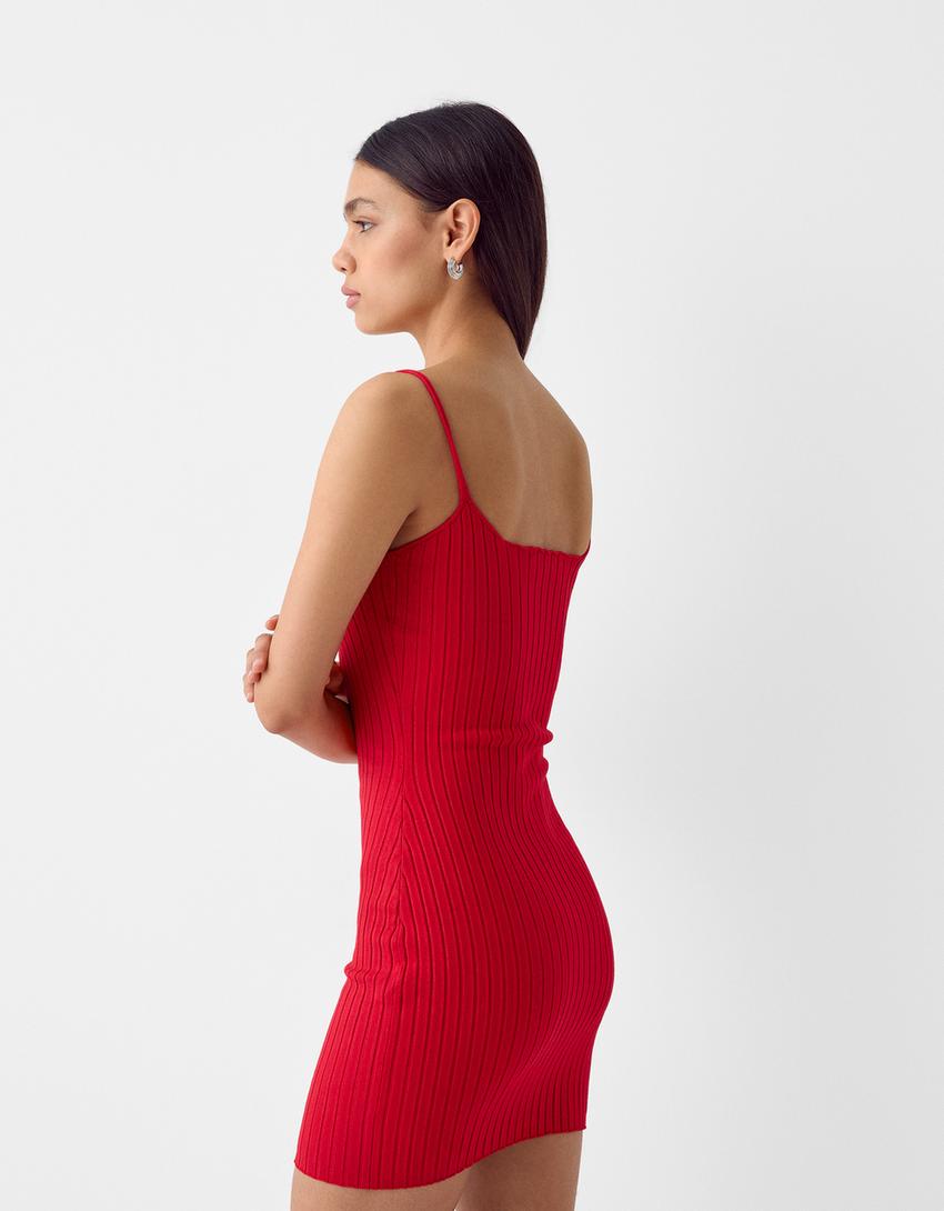 فستان قصير مضلع وضيق بحمالات-أحمر-3