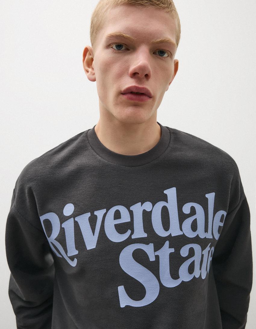 Printed plush round neck sweatshirt-Navy