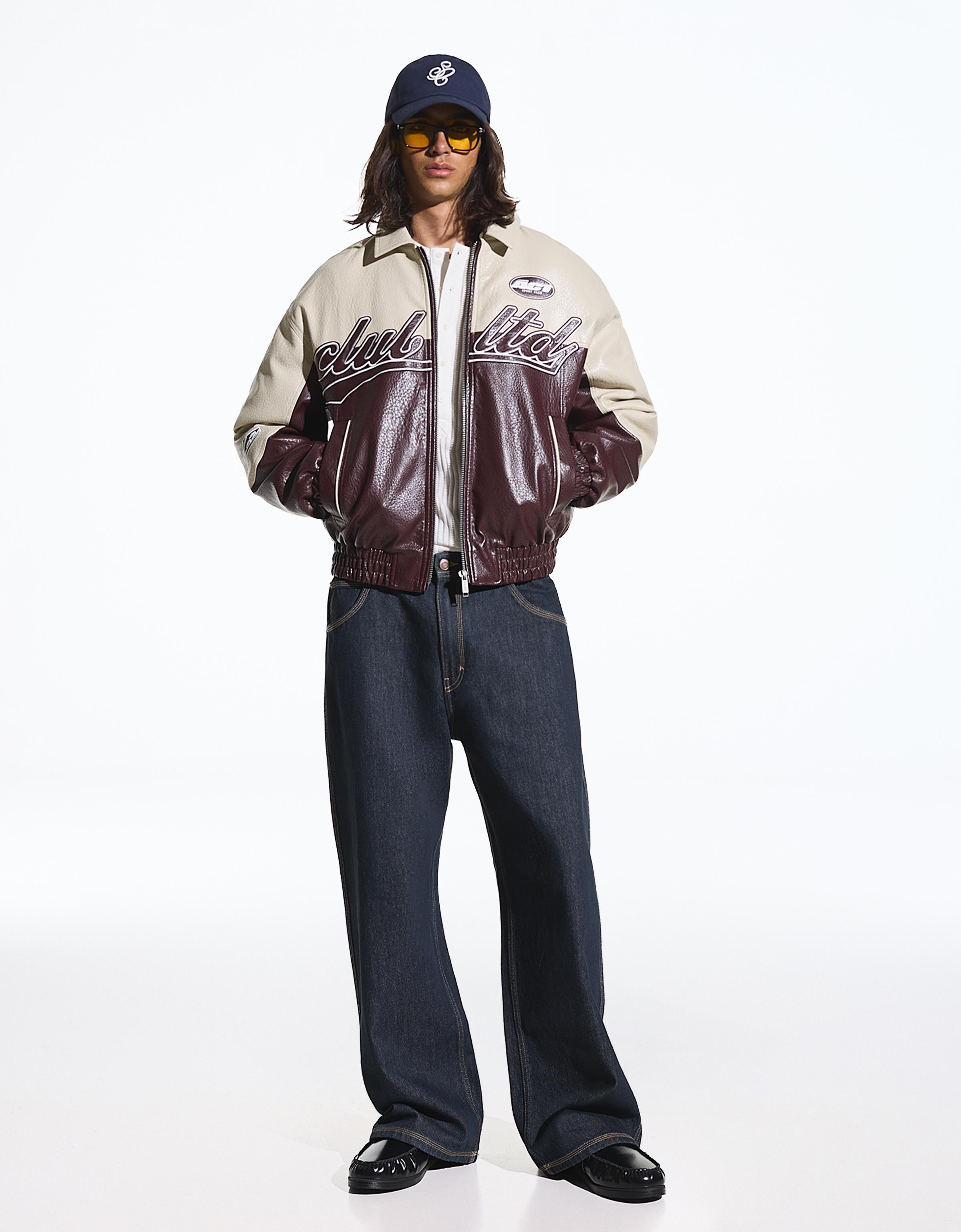 Colour block leather effect jacket — Burgundy