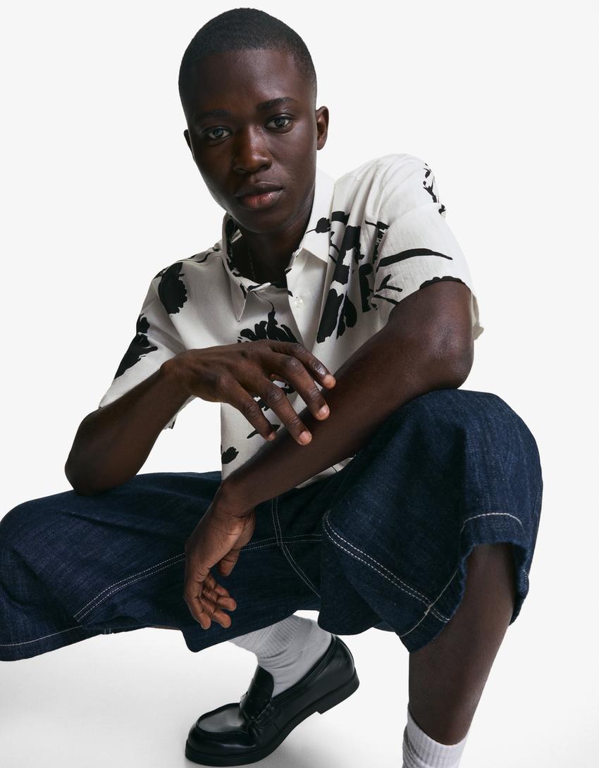 Chemise à manches courtes rustique imprimée-Écru