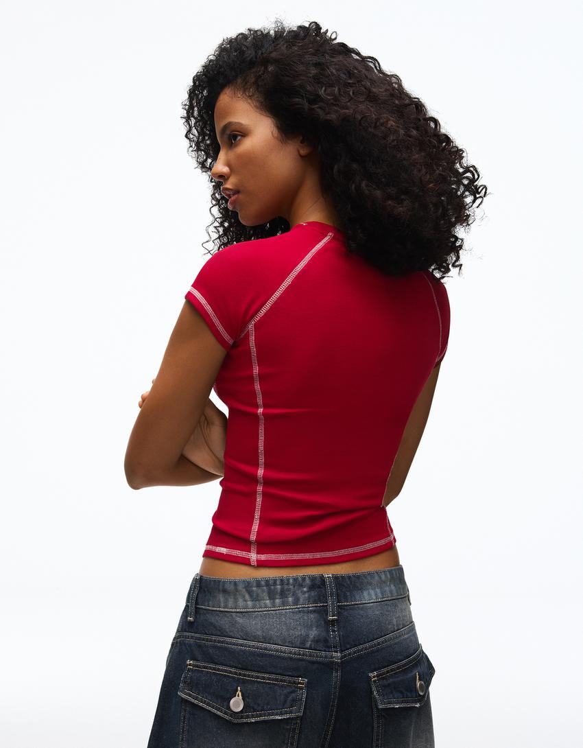 Printed short raglan sleeve T-shirt-Burgundy
