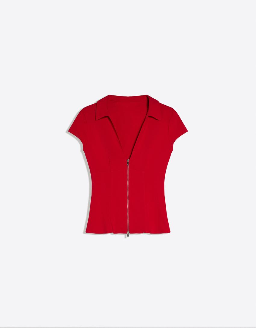 Kısa kollu fermuarlı gömlek-Kırmızı