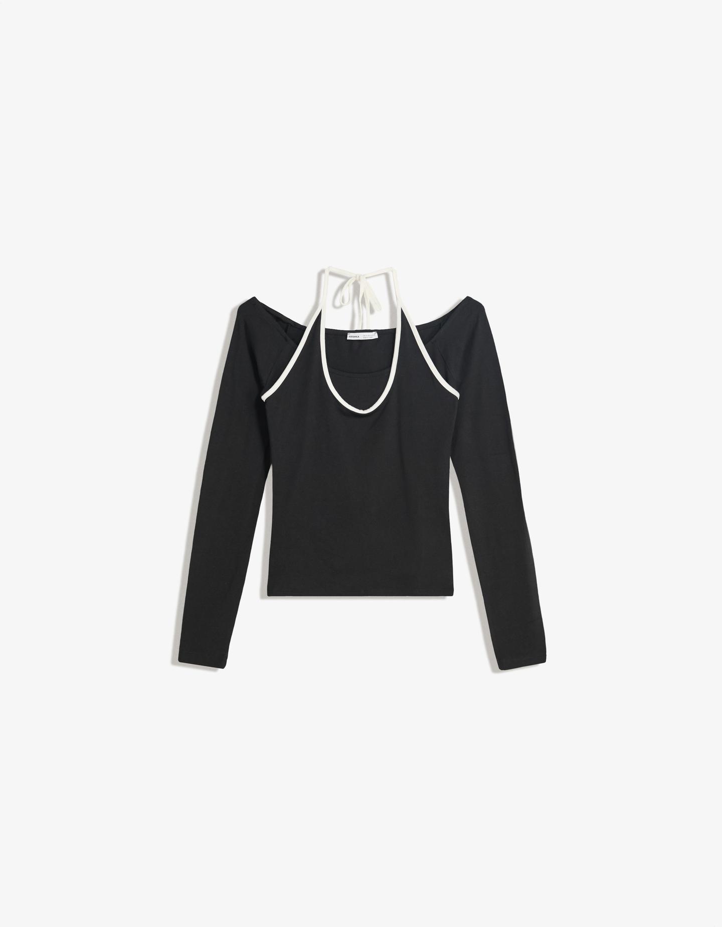Bershka Camiseta Manga Larga Cuello Halter Mujer S Negro