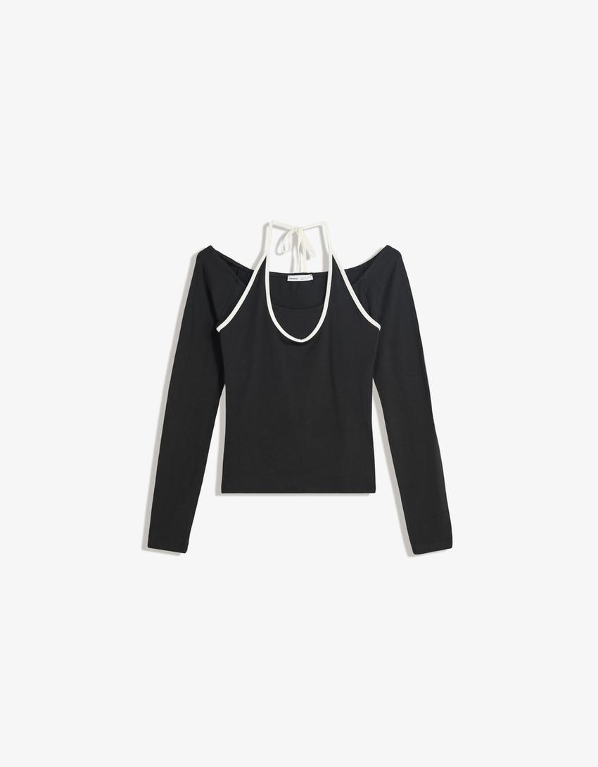 Camiseta manga larga cuello halter-Negro-0