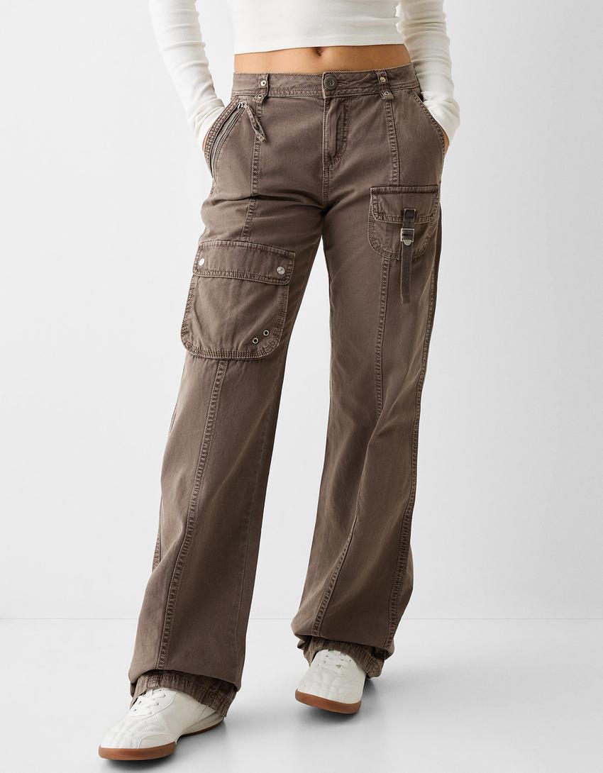 Pantalon cargo taille basse coton lanière-Sable-1