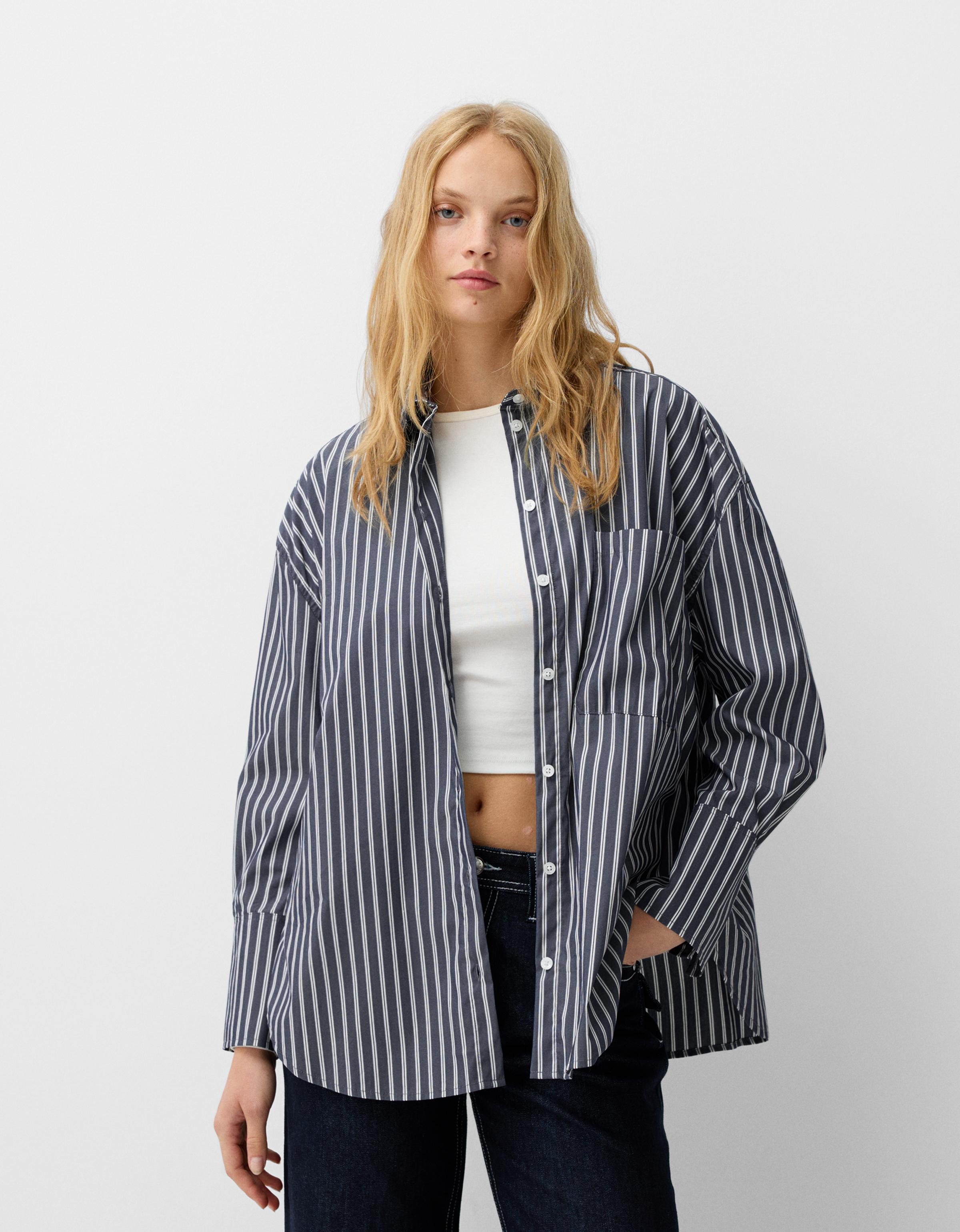 Bershka Oversize-Popelinhemd Damen M Dunkelblau