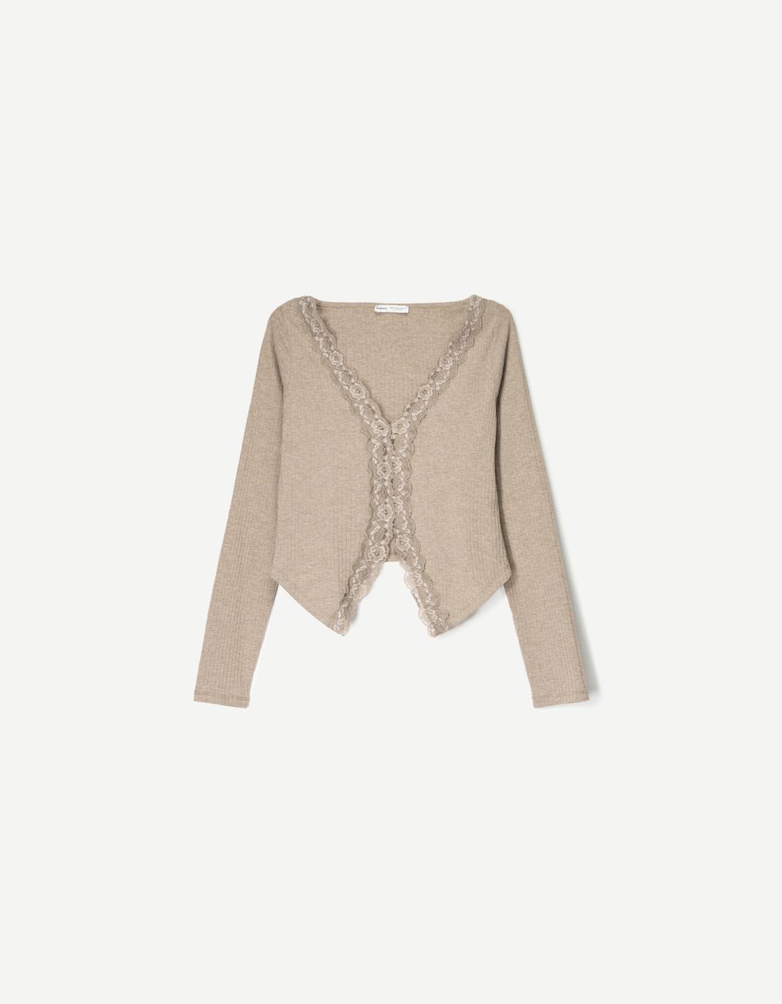 Ribbed long sleeve T-shirt with blonde lace