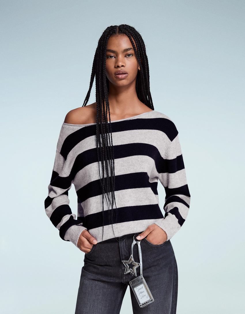 Pull col bateau imprimé-Bleu