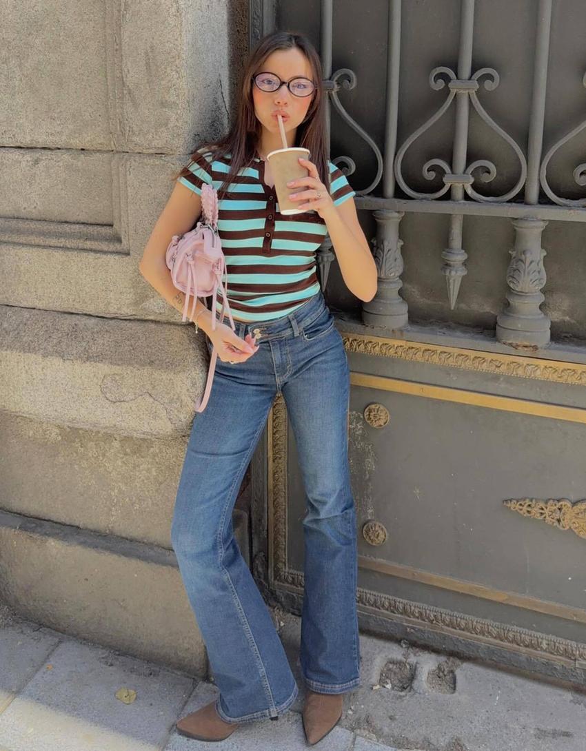 Kaus polo lengan pendek bergaris-Cokelat