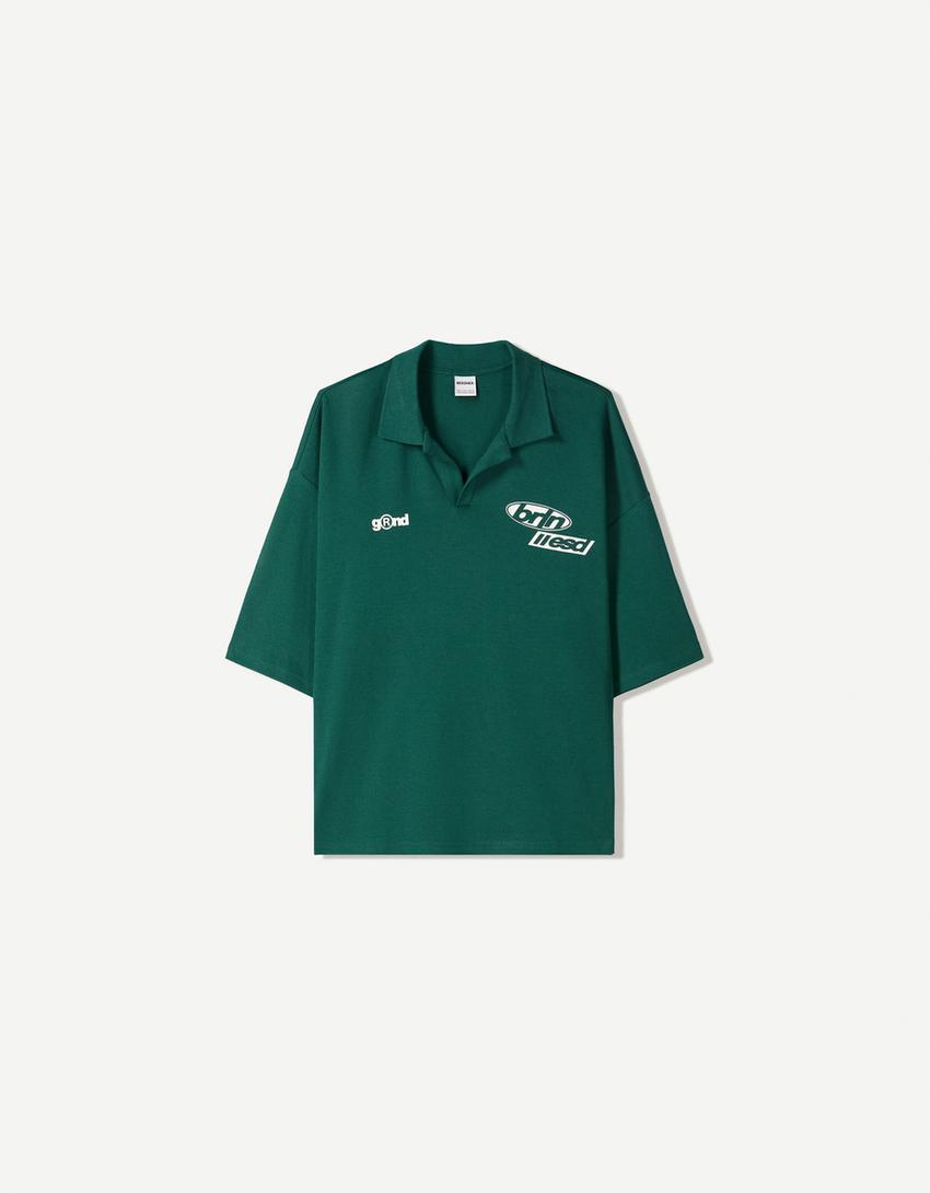 Printed oversize short sleeve polo shirt-Green
