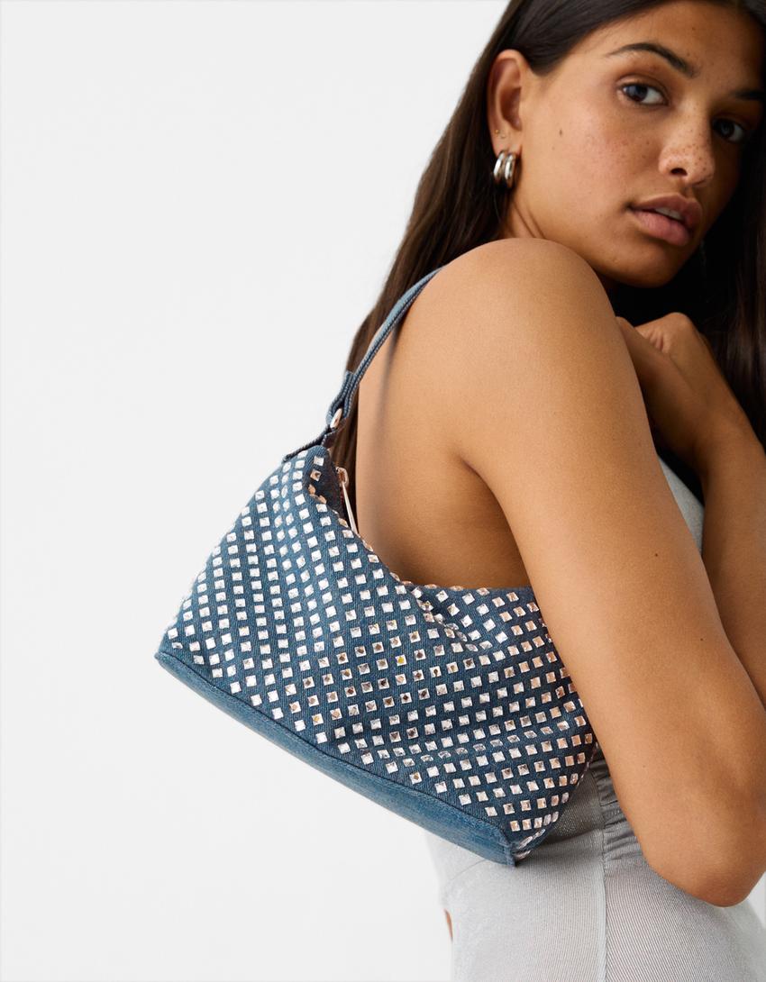 Mala a tiracolo denim multiposição strass-Azul escuro-1