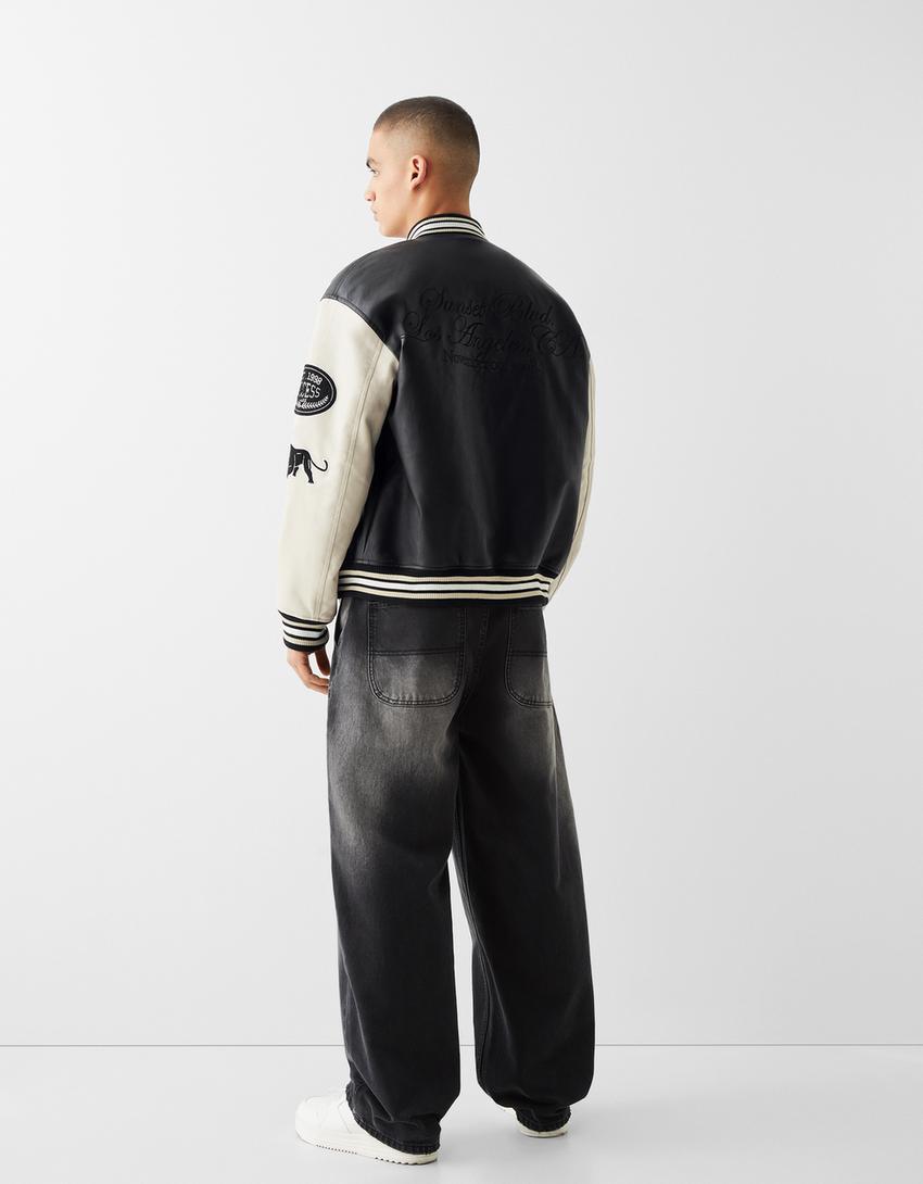 Varsity faux leather jacket-Black-1