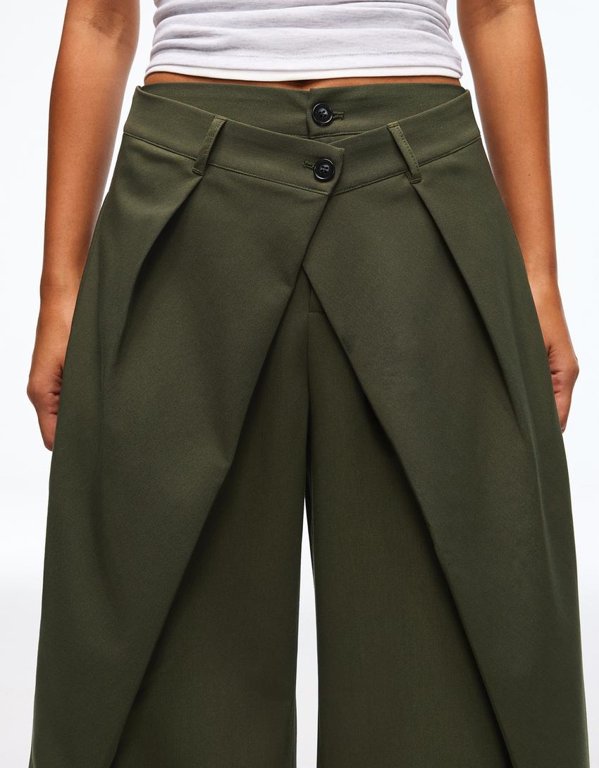 Celana panjang lipit kancing ganda-Khaki