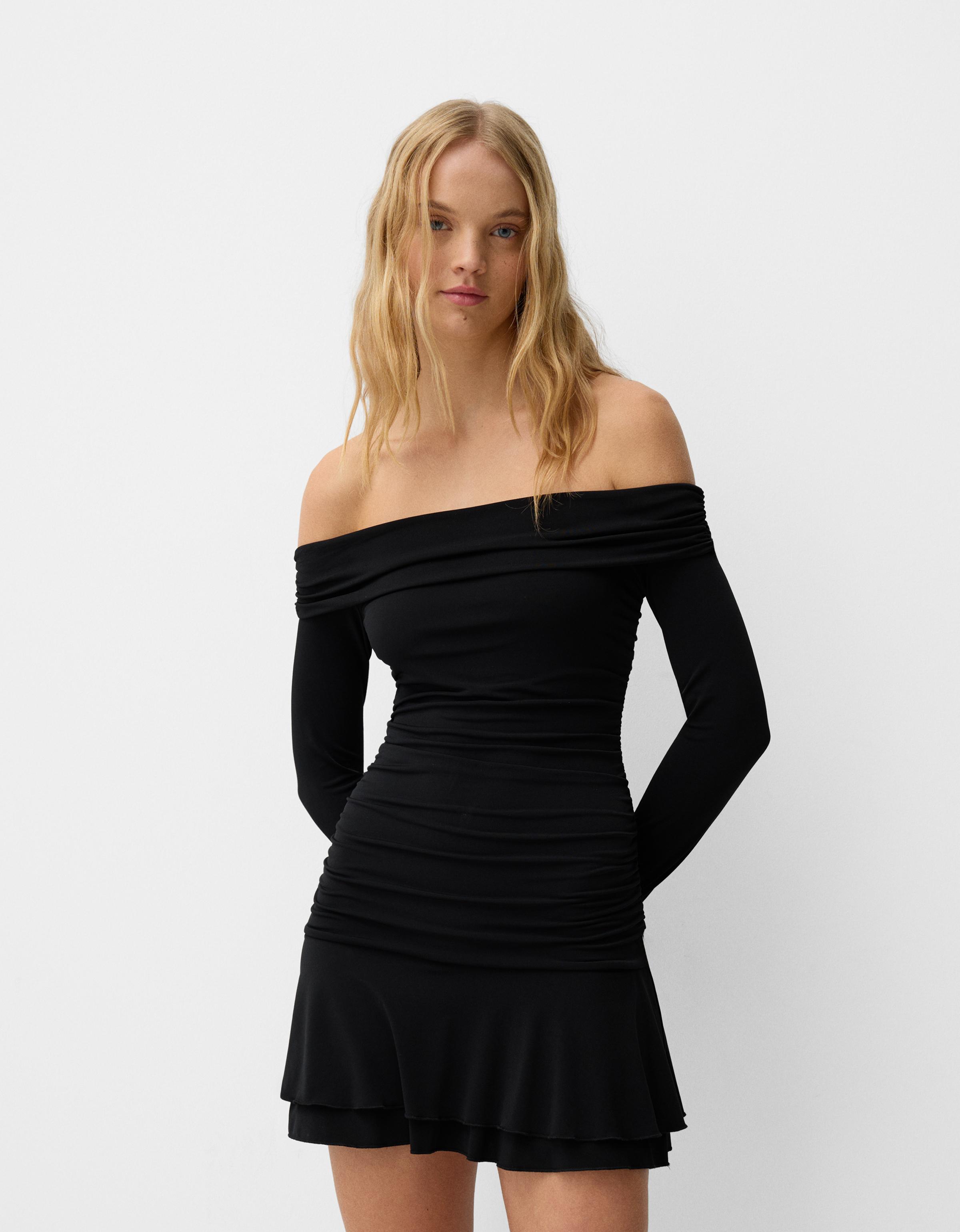 Bershka Minikleid Mit Langen Ärmeln Und Volants Damen Xs Schwarz