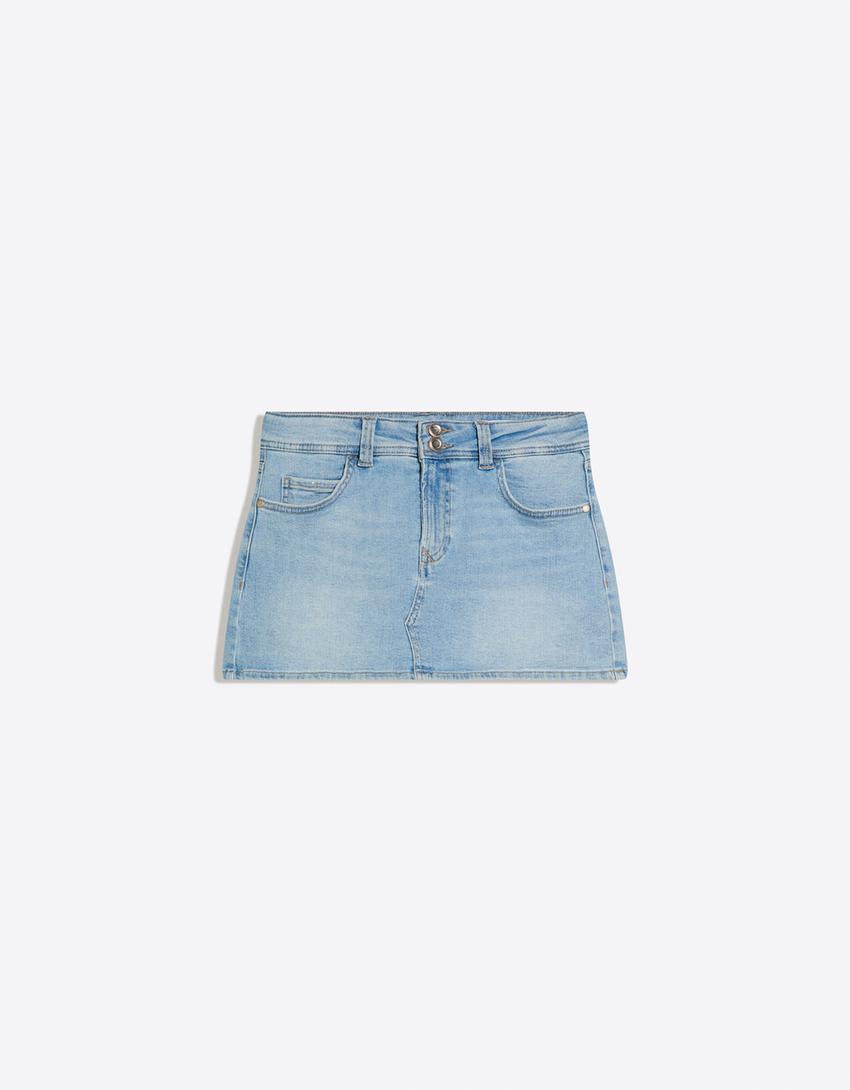 Falda pantalón denim mini elástico-Azul lavado