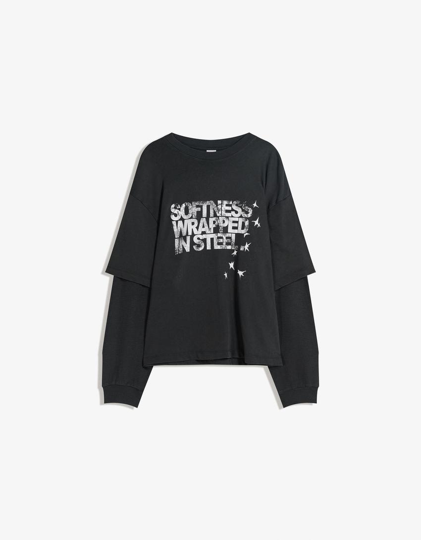 T-shirt double manche imprimé-Gris