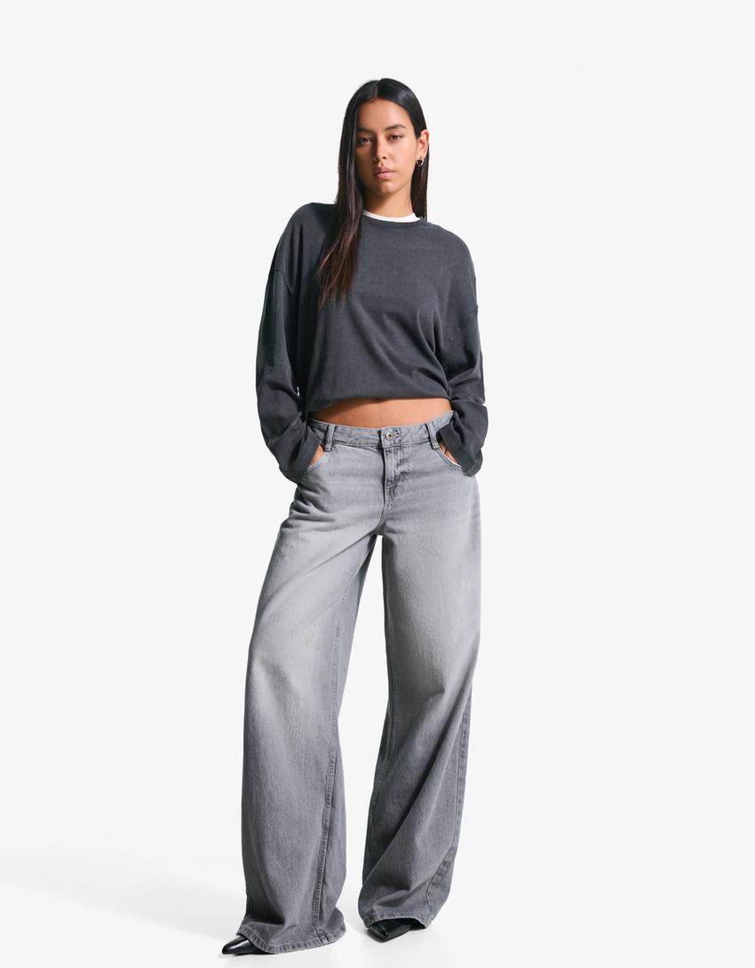 Jeans wide leg taille basse-Gris