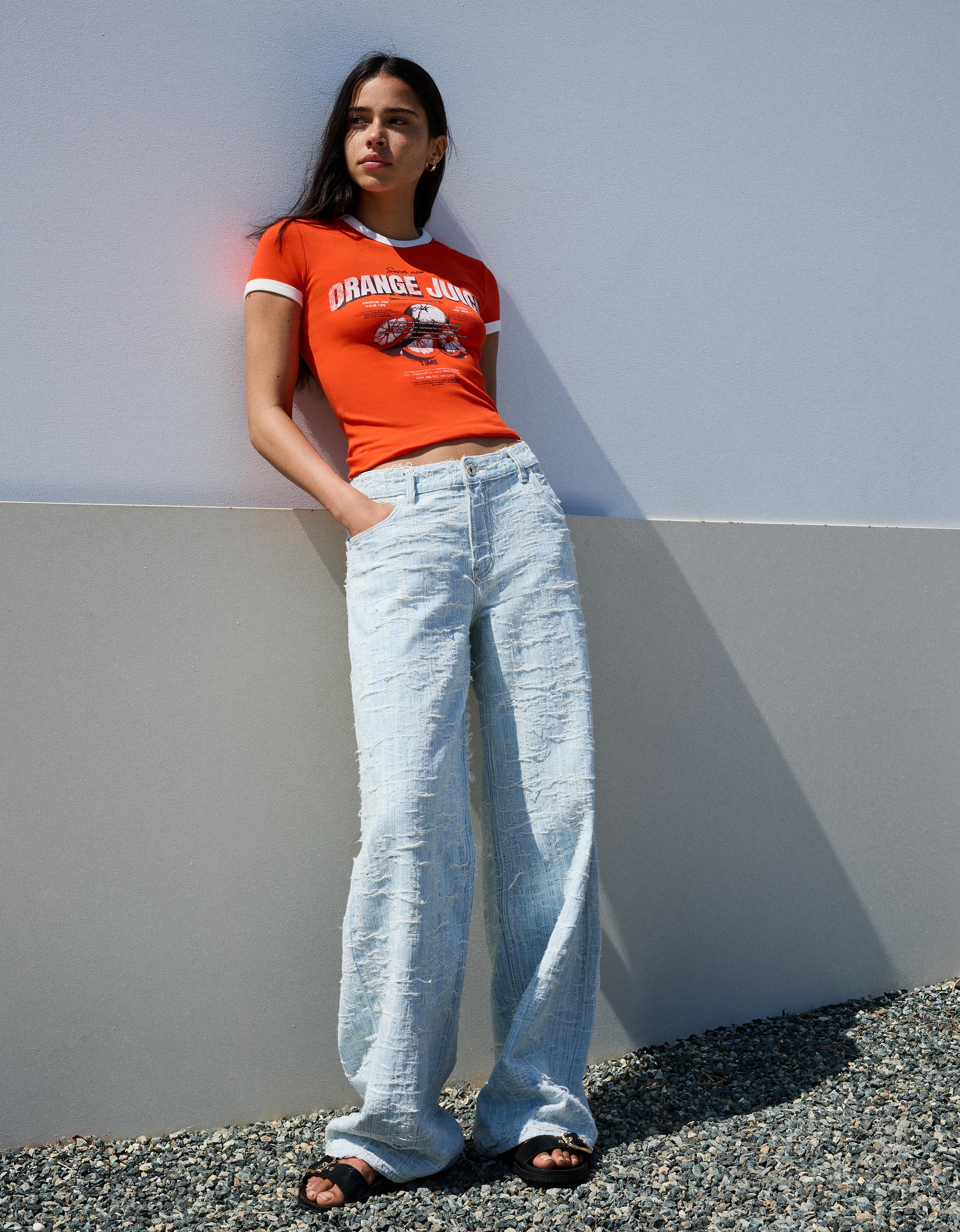 Bershka T-Shirt Mit Rippmuster Und Kurzen Ärmeln Damen L Orange