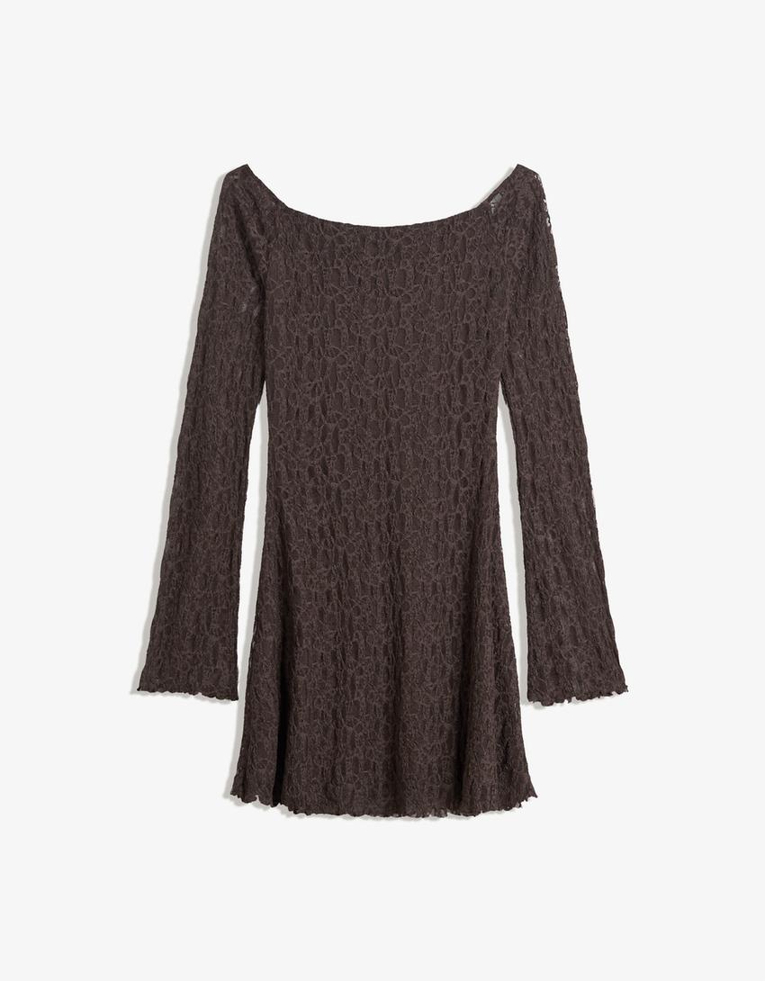 Vestito mini Bardot in pizzo-Marrone-4