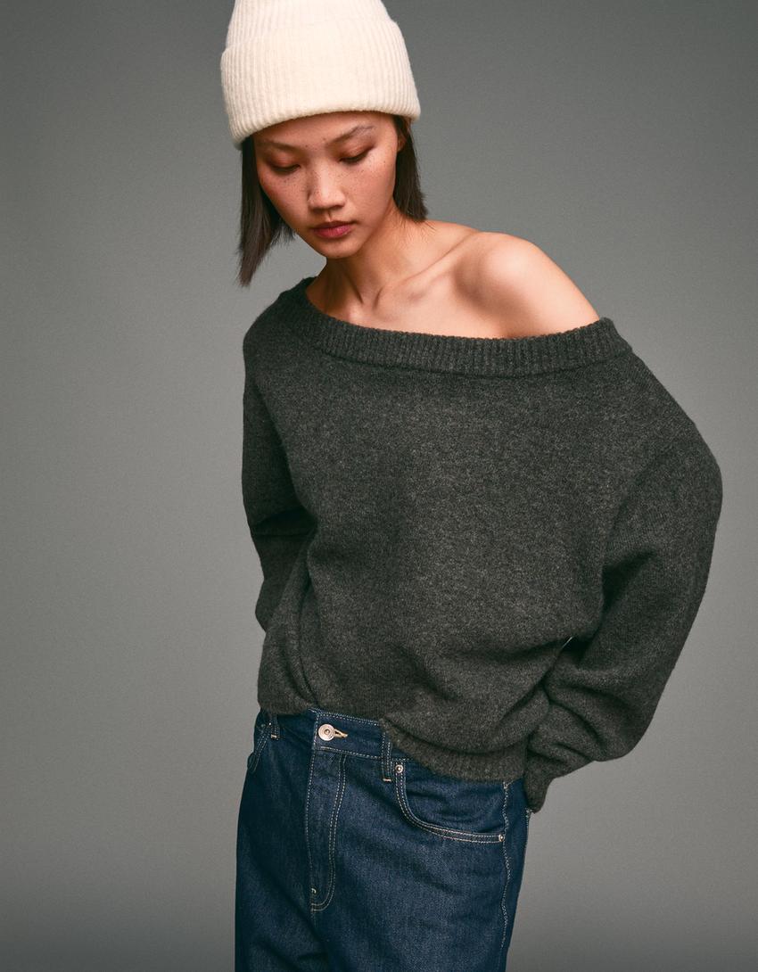 Camisola com nervuras e decote bardot-Cinza