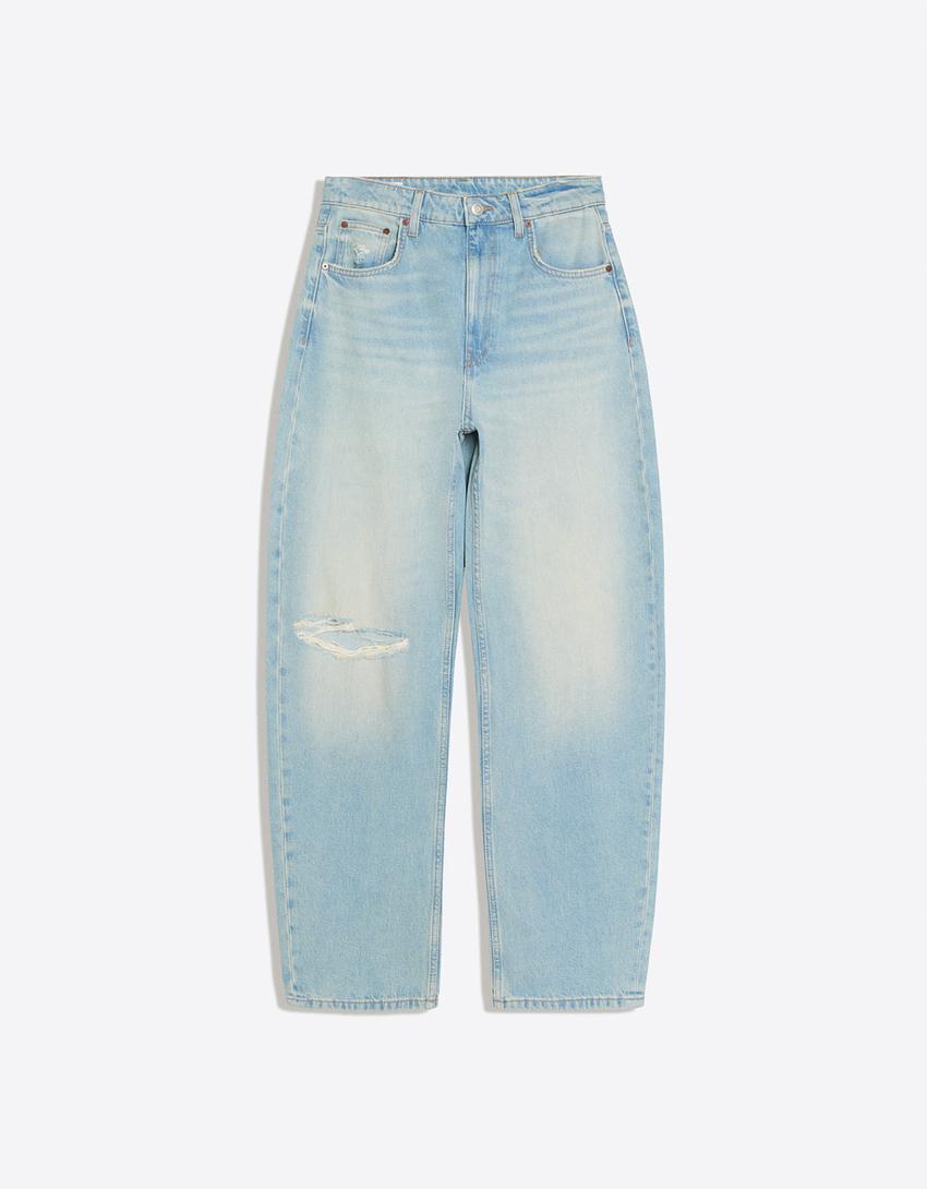 Ripped barrel loose jeans-Light blue