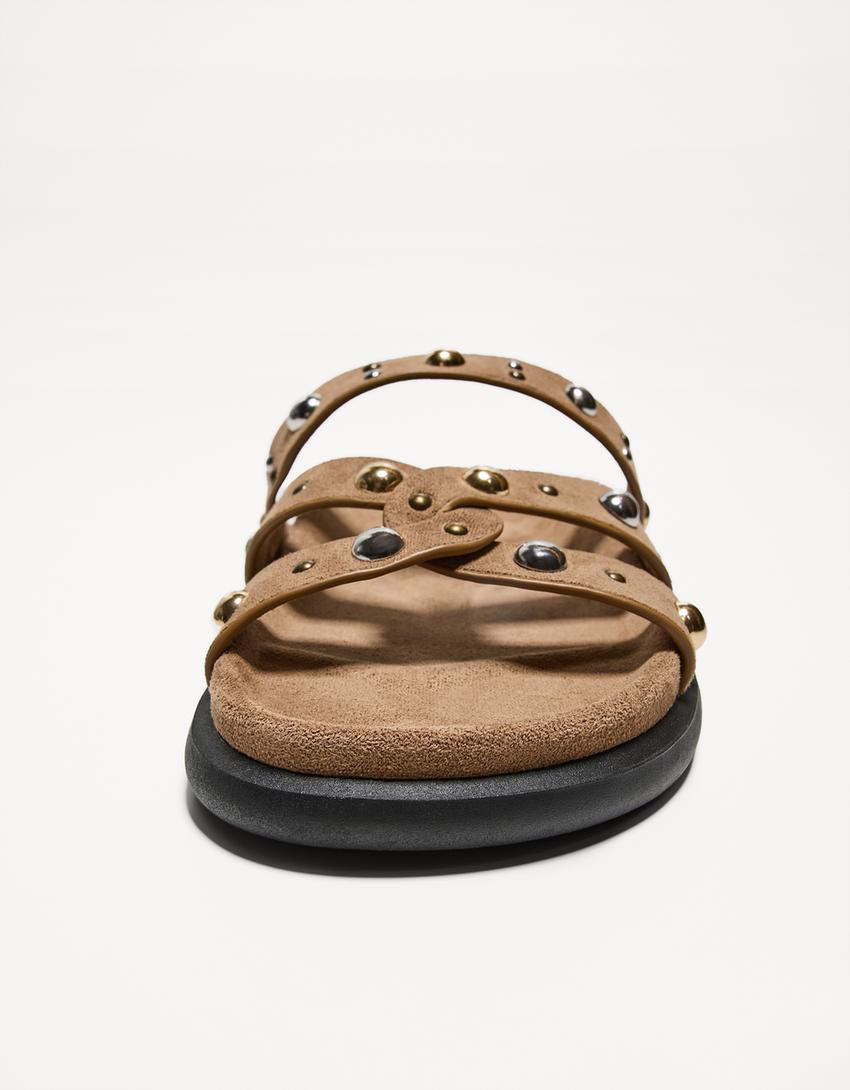 Studded flat sandals-Tan-3