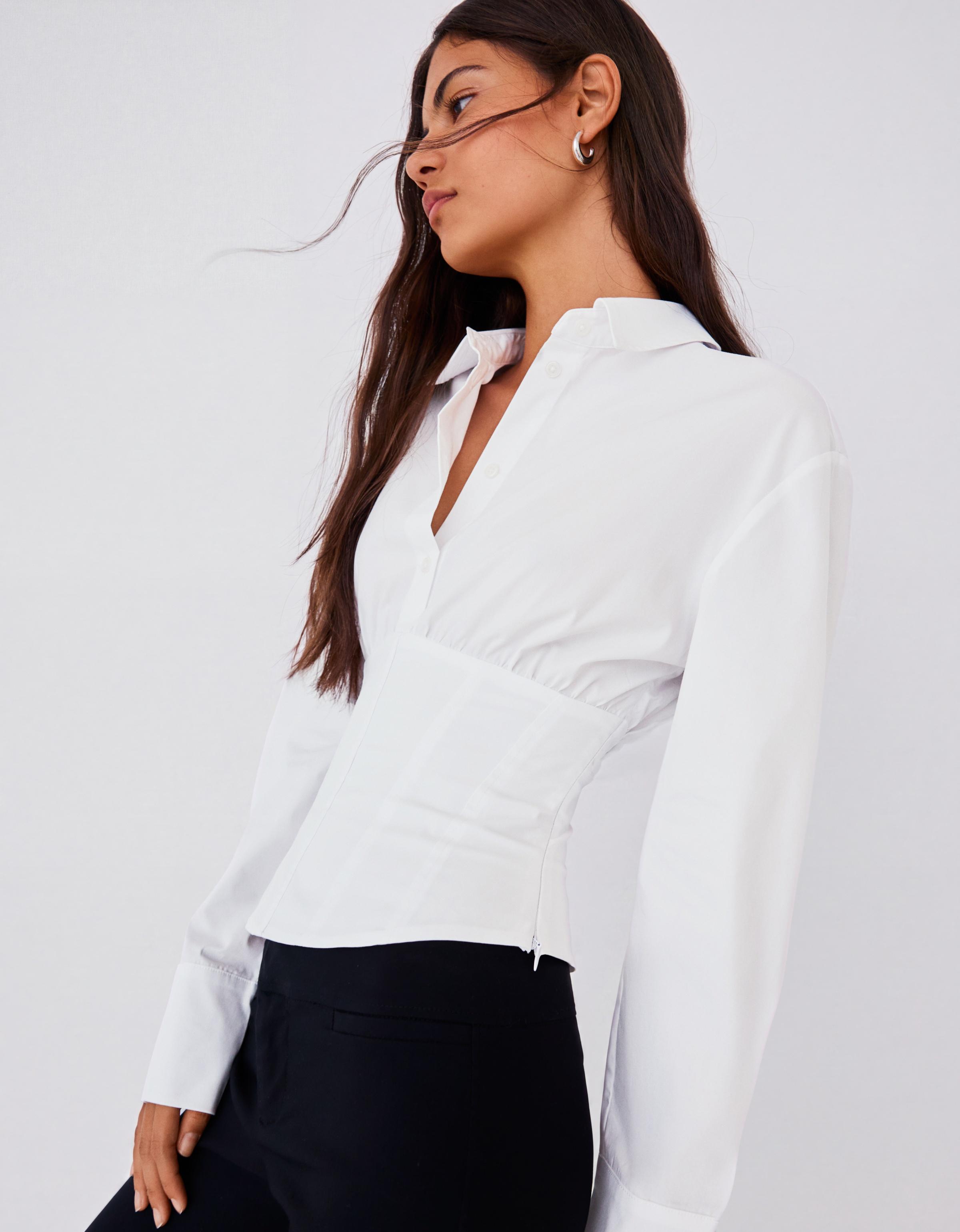 Long sleeve corset-effect shirt — White