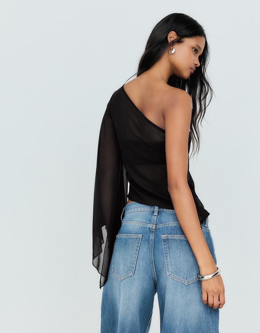Asymmetric tulle top-Black