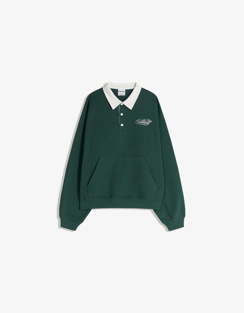 Sweter z kołnierzykiem polo z nadrukiem-Zielony
