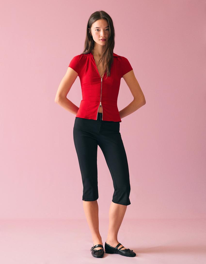 Kısa kollu fermuarlı gömlek-Kırmızı