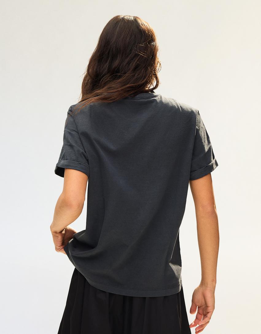 Short sleeve roll-up print T-shirt-Grey