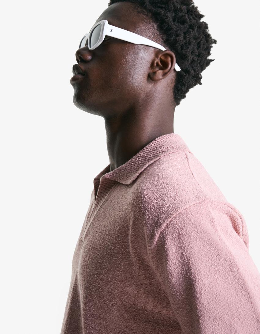 Textured terry polo shirt-Pink