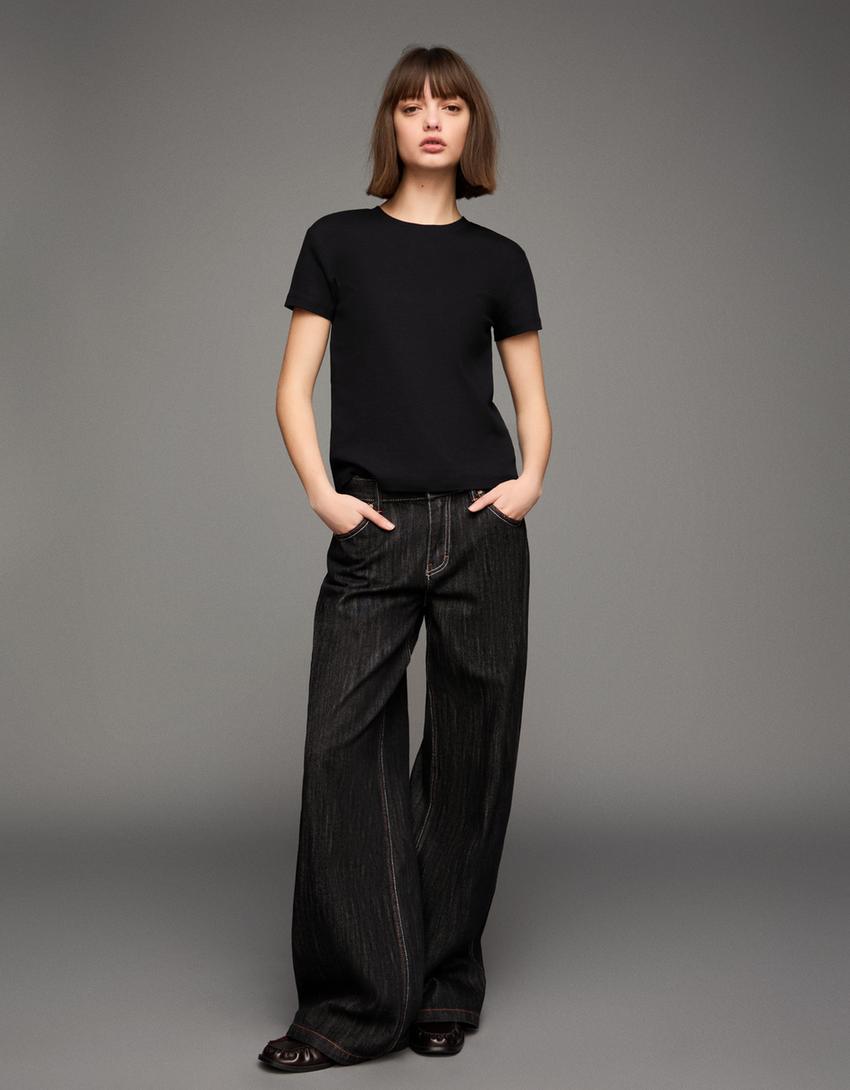 Kaus lengan pendek katun berat-Hitam