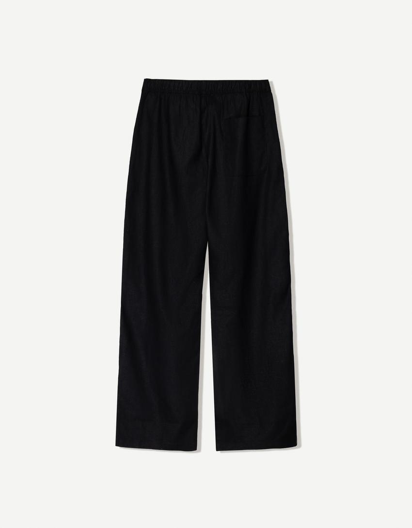 Pantaloni wide leg jogger misto lino-Nero-4