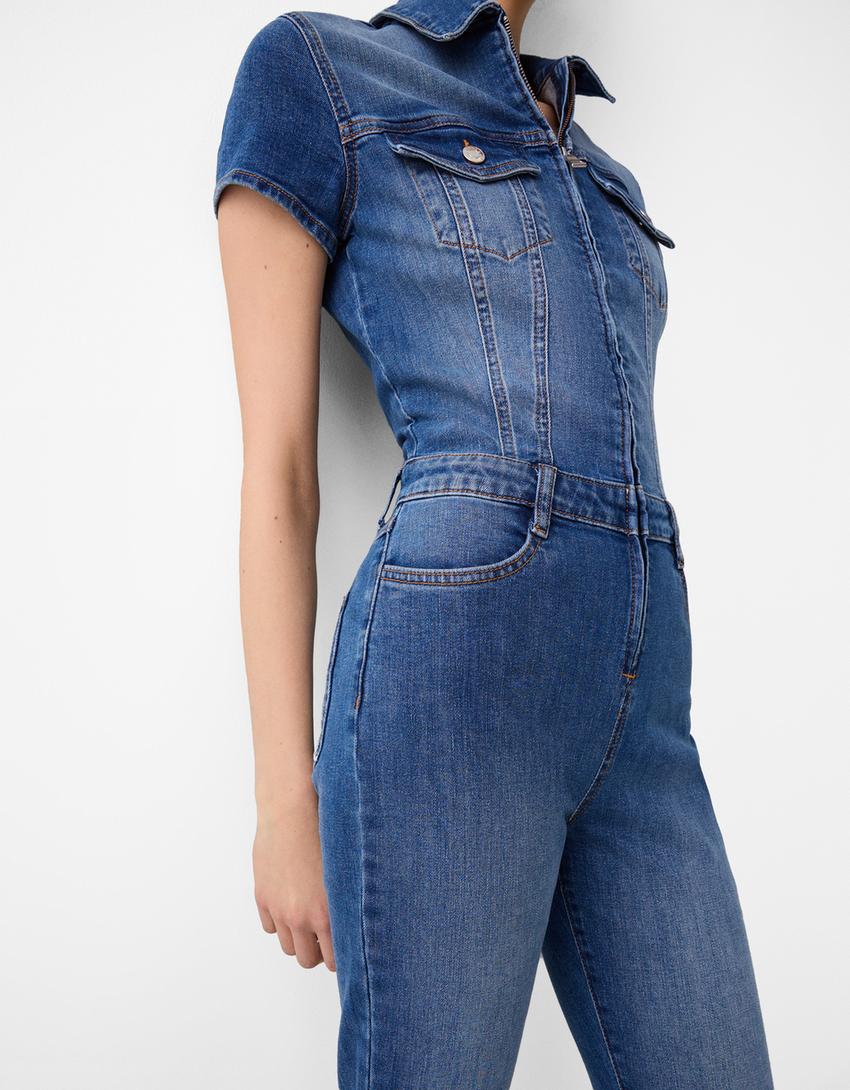 Short sleeve denim jumpsuit-Blue-5