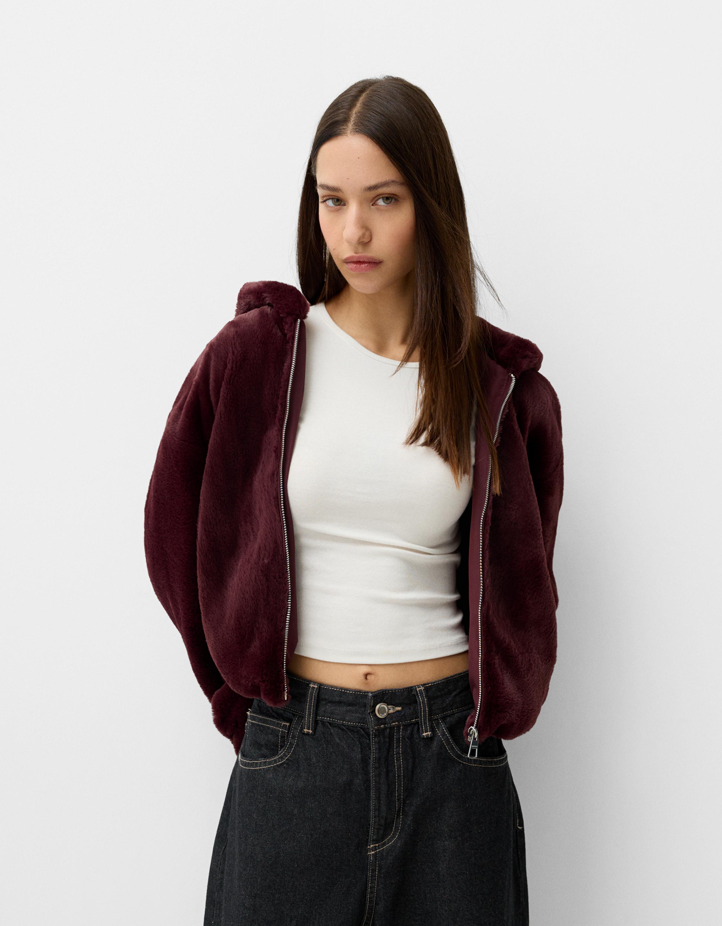 Bershka Plüschjacke Mit Kapuze Damen M Bordeaux