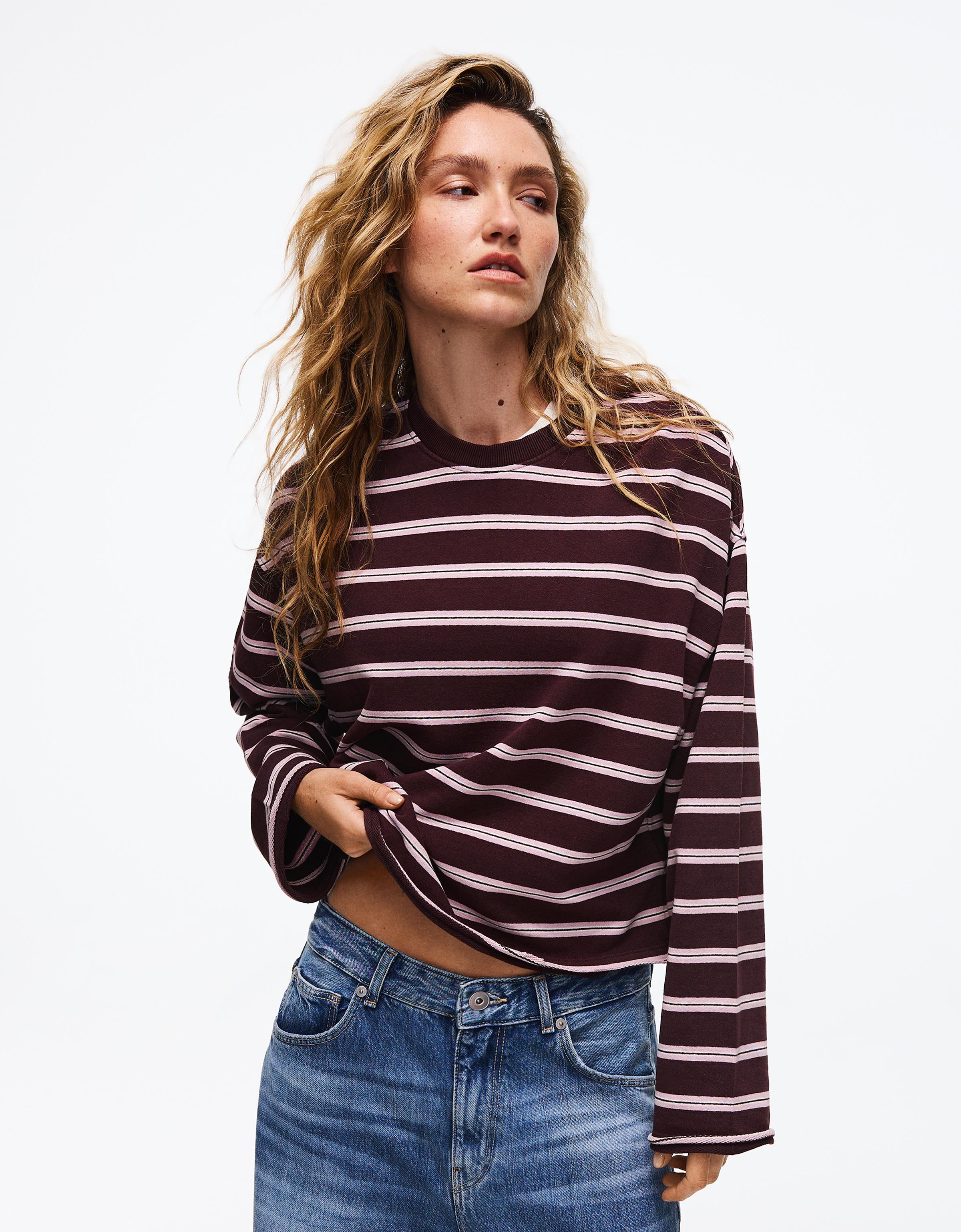 Bershka Sudadera Cuello Redondo Rayas Mujer L Burdeos
