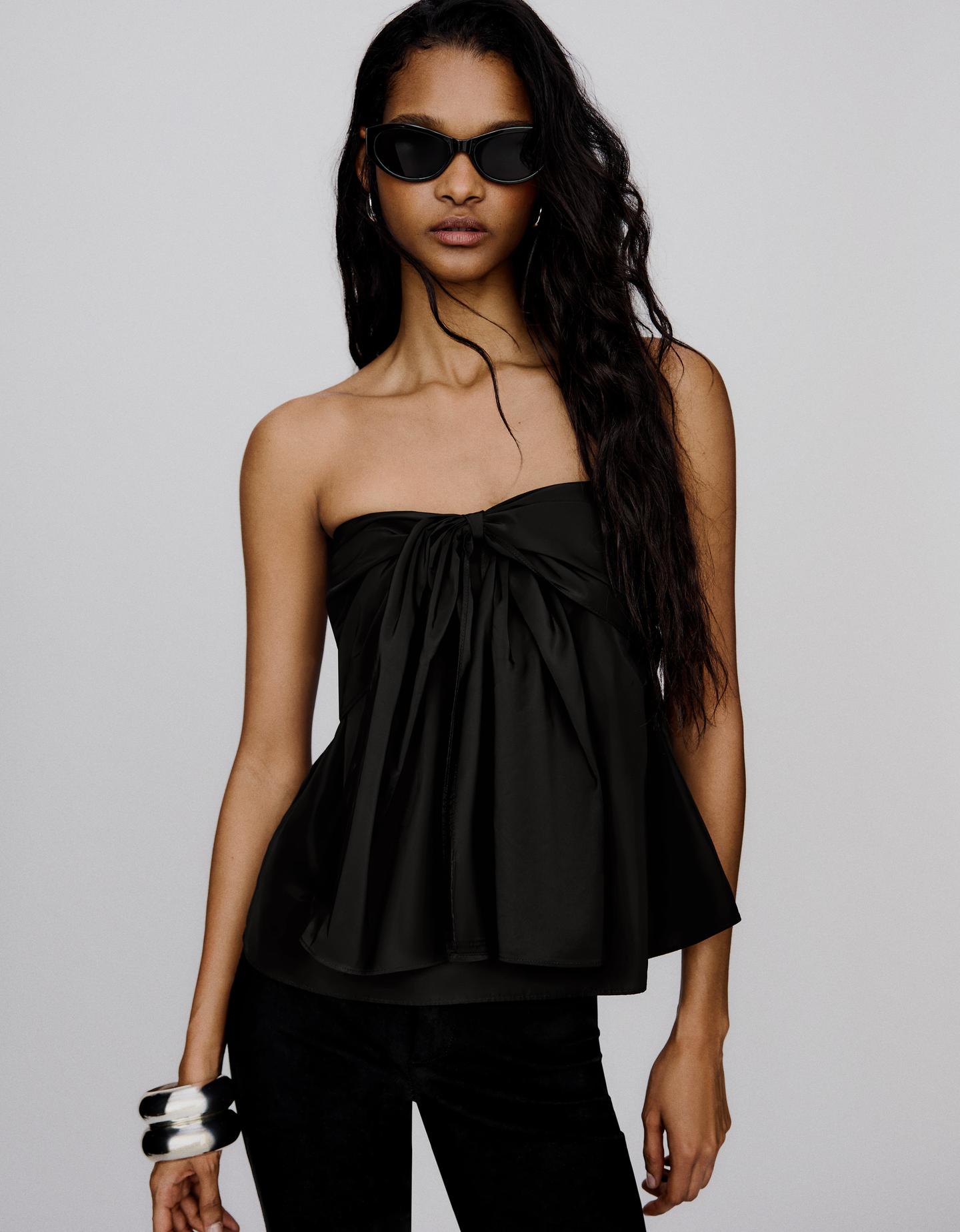 Bershka top bandeau z kokardą czarny