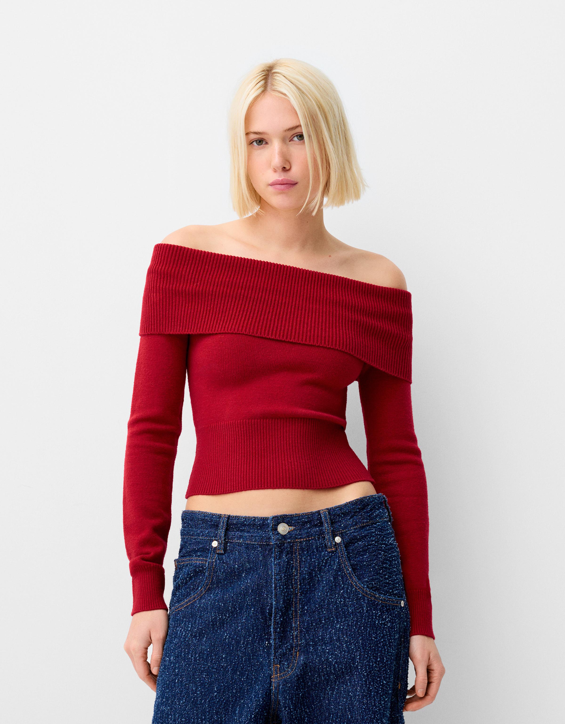 Bershka Pullover Mit Carmen-Ausschnitt Damen Xs Rot