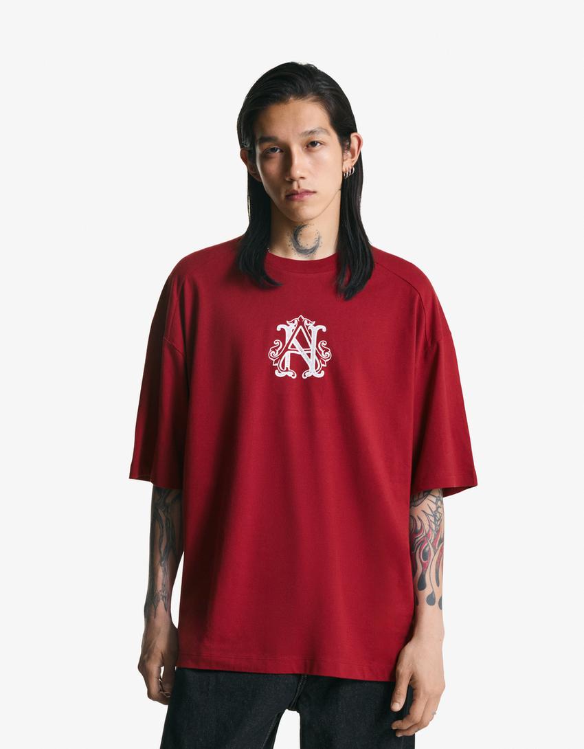 Short sleeve T-shirt with print-Maroon-0