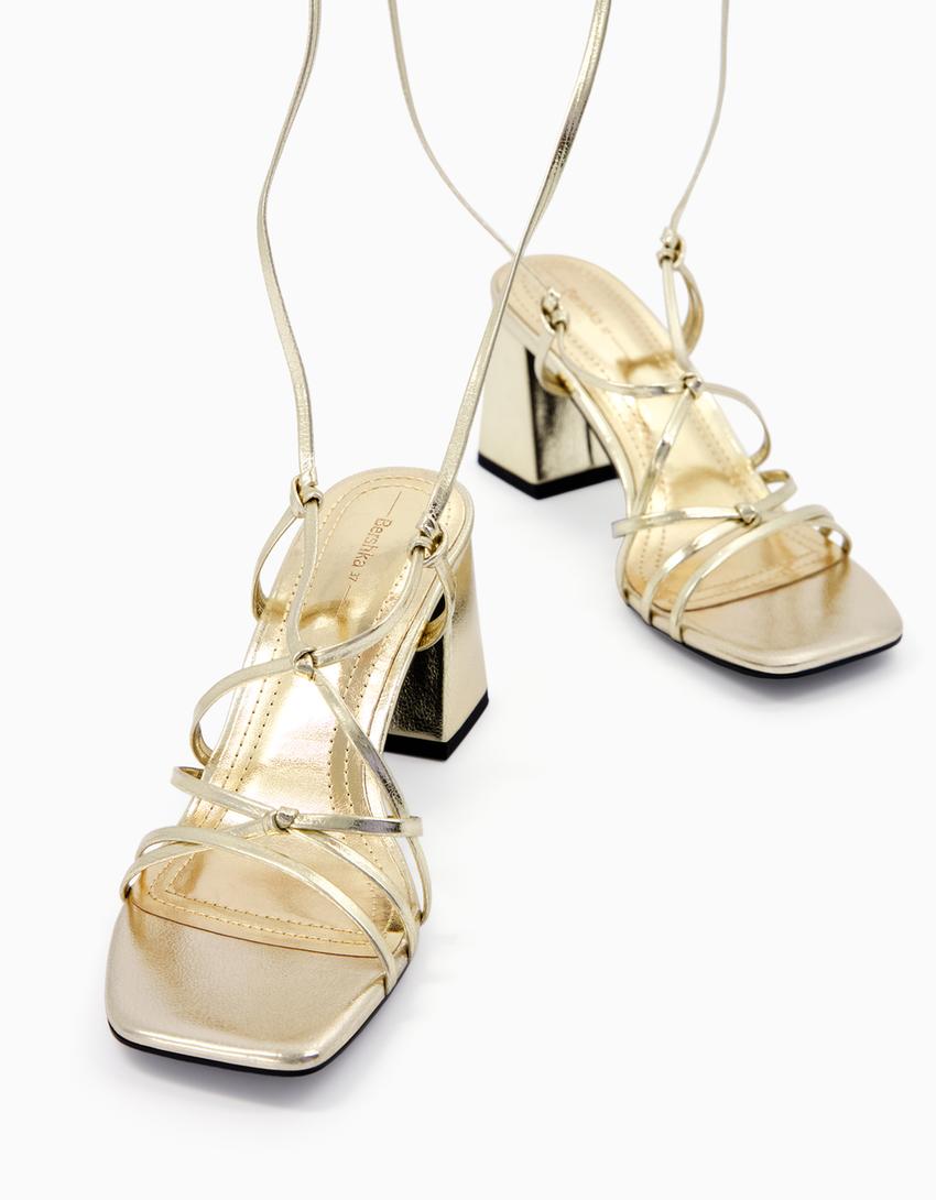Tied heeled metallic sandals-Gold